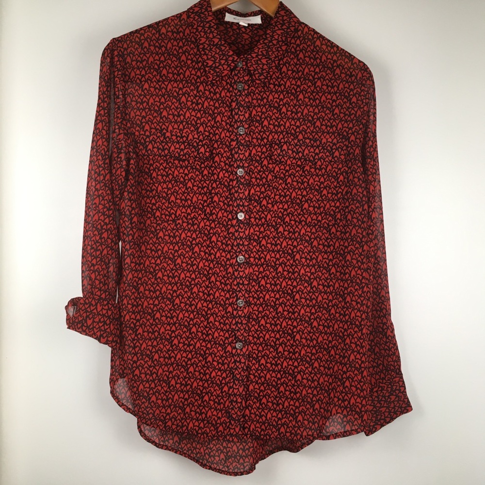 Vince Camuto Red & Black Semi-Sheer L/S B/U Size S